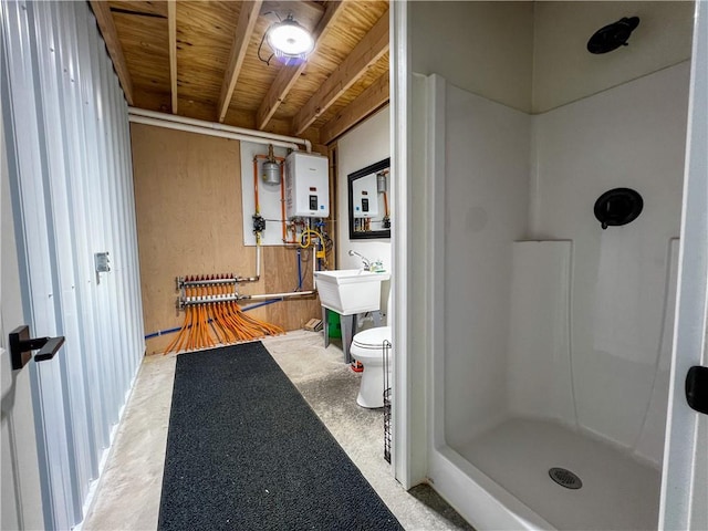 bathroom with water heater, a shower, sink, wood ceiling, and toilet