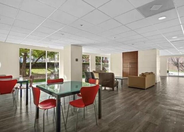 dining room with dark wood-type flooring and a drop ceiling