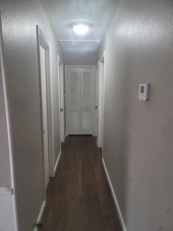 corridor with dark hardwood / wood-style flooring