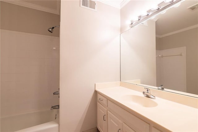 full bath with shower / tub combination, visible vents, ornamental molding, and vanity