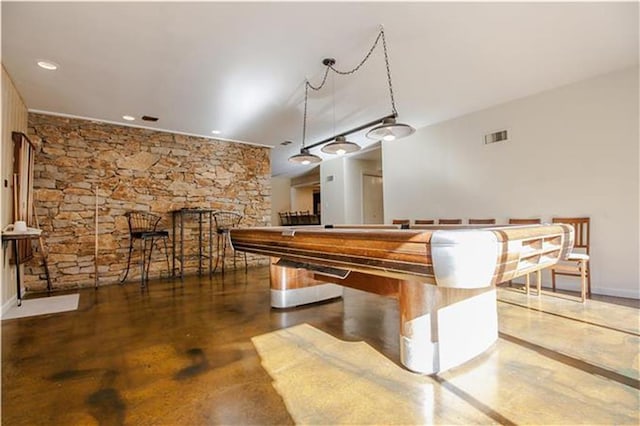 recreation room with recessed lighting, pool table, visible vents, finished concrete flooring, and a bar