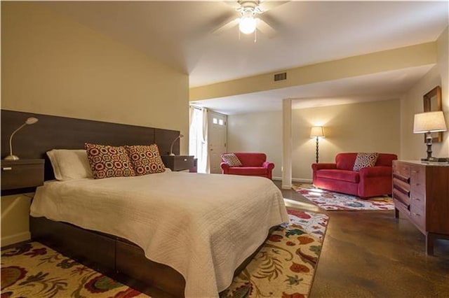 bedroom featuring visible vents, ceiling fan, and baseboards