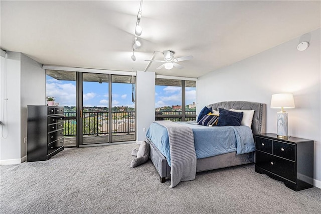 bedroom featuring a wall of windows, carpet, rail lighting, and access to outside