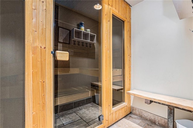 view of sauna / steam room with tile patterned floors