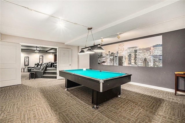 game room with track lighting, pool table, and carpet