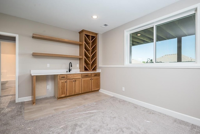 bar with light colored carpet and sink