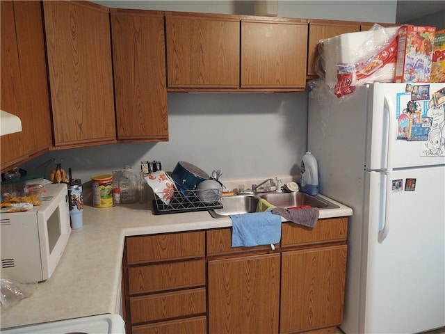 kitchen with stove, sink, range hood, and white fridge