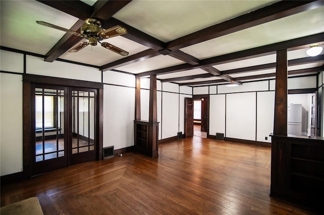 unfurnished room featuring parquet flooring, beamed ceiling, coffered ceiling, ceiling fan, and french doors