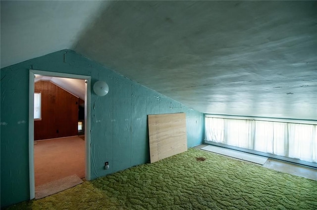 additional living space with vaulted ceiling, carpet flooring, a wealth of natural light, and wooden walls