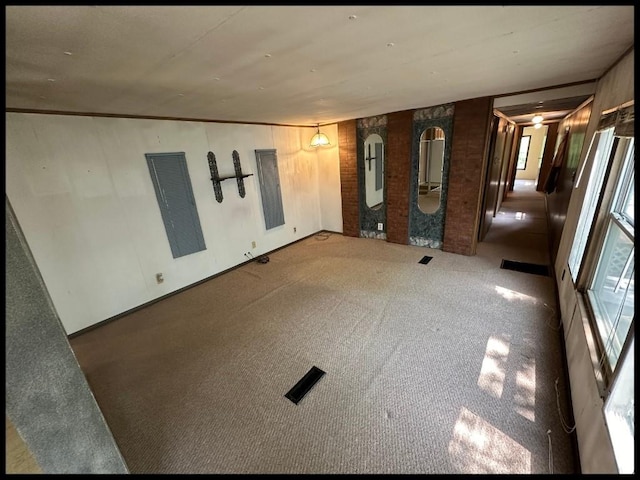 unfurnished room with wood walls and carpet