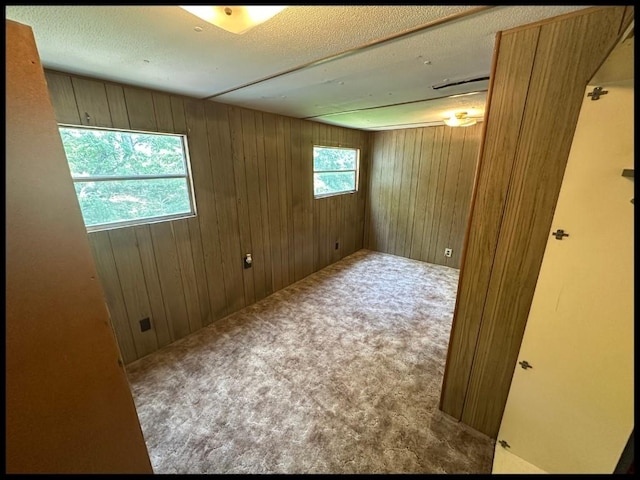 empty room featuring carpet floors, a textured ceiling, and wooden walls