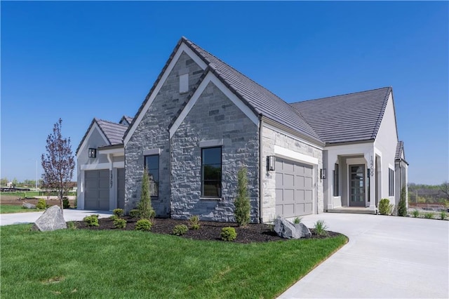 13709 Pembroke Ln, Leawood, KS 66224 - view of front of house with an attached garage, stone siding, a front lawn, and driveway