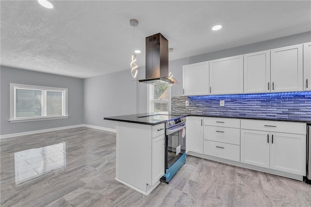 kitchen featuring white cabinetry, island exhaust hood, hanging light fixtures, and stainless steel electric range oven