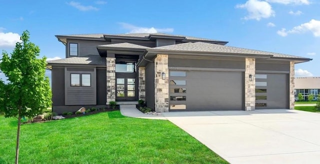 prairie-style house with a front yard and french doors