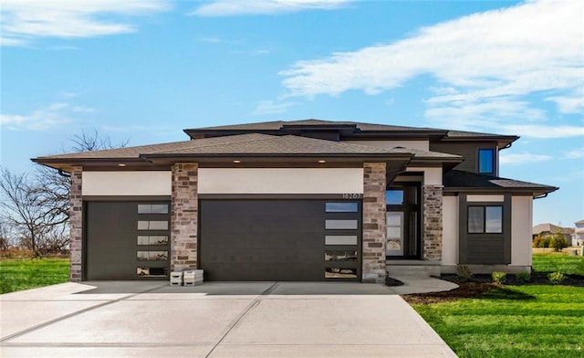 prairie-style house featuring stone siding, concrete driveway, stucco siding, a shingled roof, and a garage