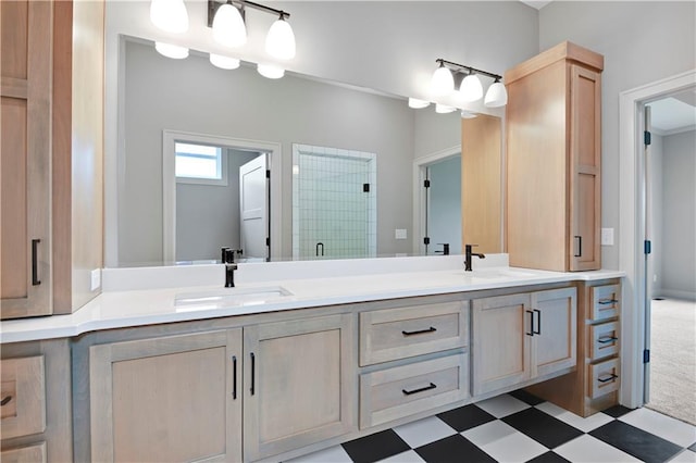 24940 W 98th Pl, Lenexa, KS 66227 - bathroom featuring double vanity, a shower stall, and tile patterned floors