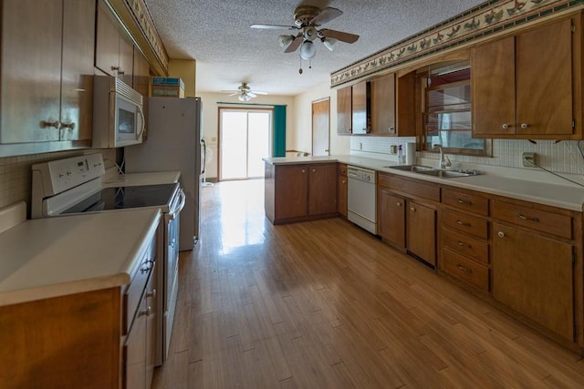 kitchen featuring light hardwood / wood-style flooring, white appliances, tasteful backsplash, and ceiling fan