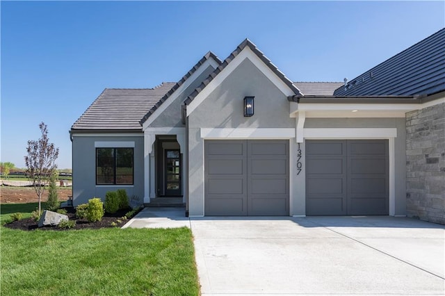 13707 Pembroke Ln, Leawood, KS 66224 - view of front of home with concrete driveway, an attached garage, a front yard, and stucco siding