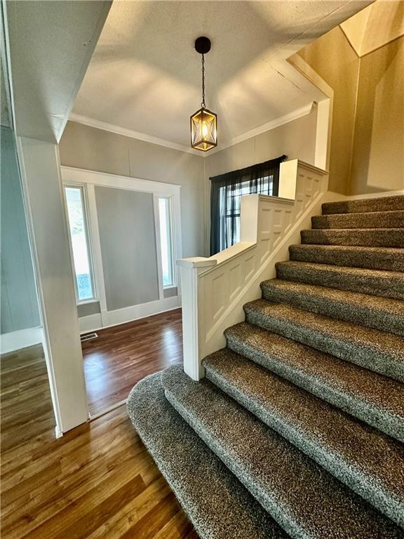 foyer with ornamental molding and dark wood-type flooring