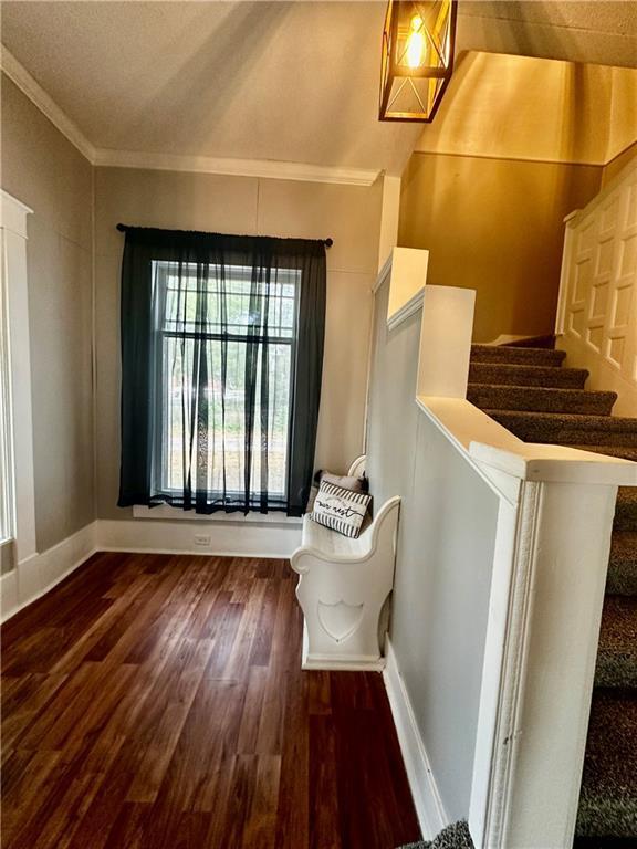 foyer entrance with crown molding and dark wood-type flooring