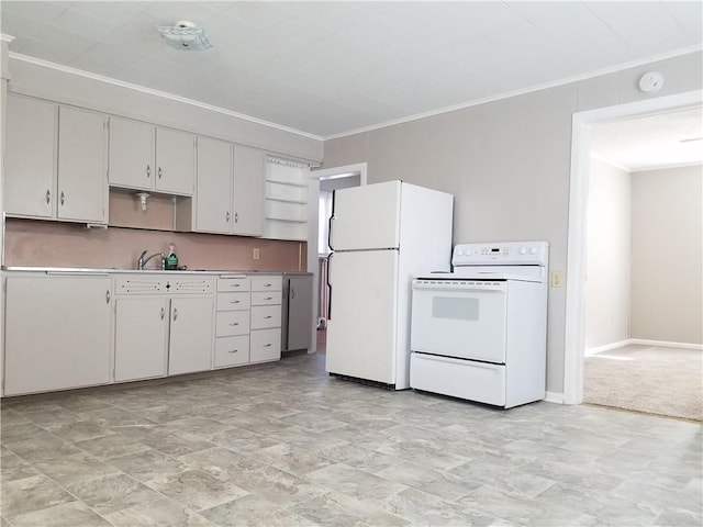 kitchen featuring sink, white appliances, white cabinetry, ornamental molding, and light carpet