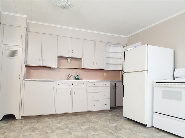 kitchen featuring white cabinetry, sink, white appliances, and ornamental molding