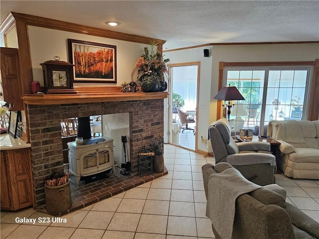 tiled living room with crown molding, a textured ceiling, and a wood stove