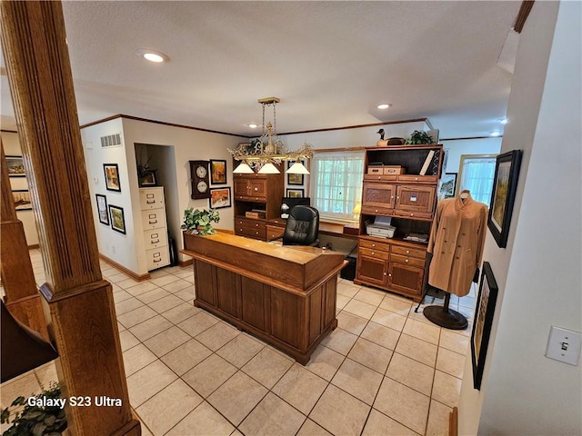 office area featuring light tile patterned floors and ornamental molding