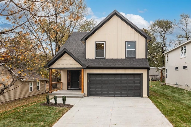 view of front of property featuring roof with shingles, a porch, an attached garage, a front lawn, and concrete driveway