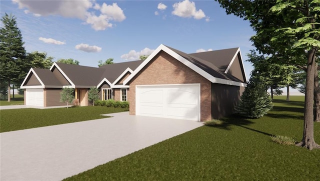 ranch-style home featuring a garage and a front lawn