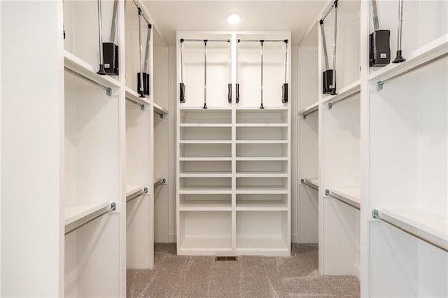 walk in closet featuring light carpet