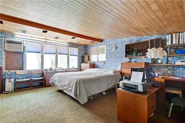 bedroom featuring beam ceiling, a wall mounted air conditioner, wood ceiling, and carpet floors