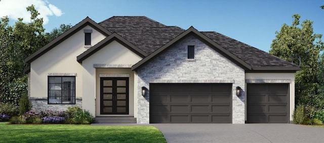 view of front of house featuring a garage, driveway, roof with shingles, and stucco siding