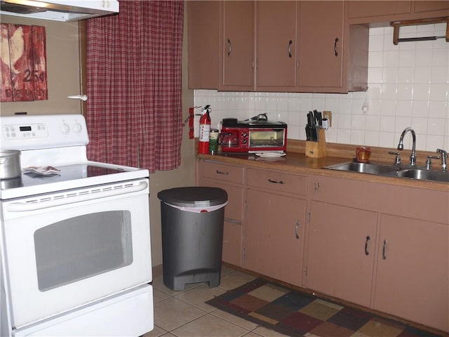 kitchen with sink, white range with electric cooktop, tasteful backsplash, and exhaust hood