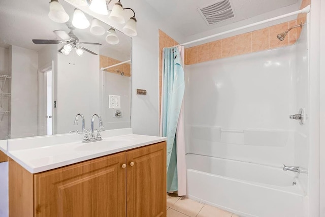 bathroom with tile patterned floors, shower / bath combination with curtain, vanity, and ceiling fan