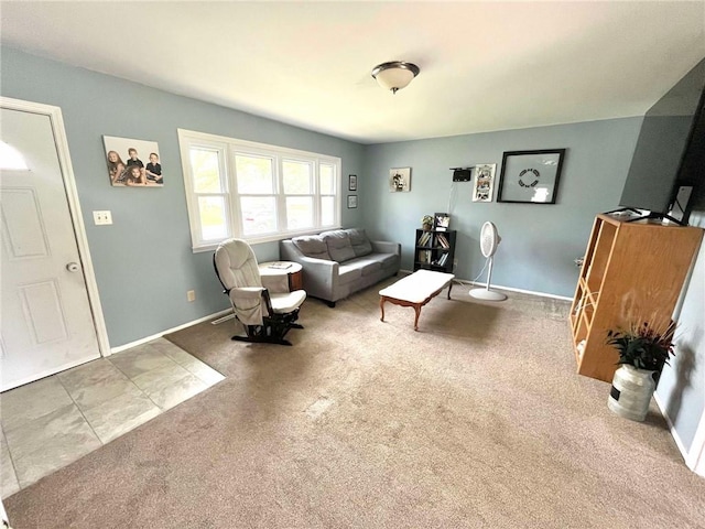 living room featuring baseboards and carpet