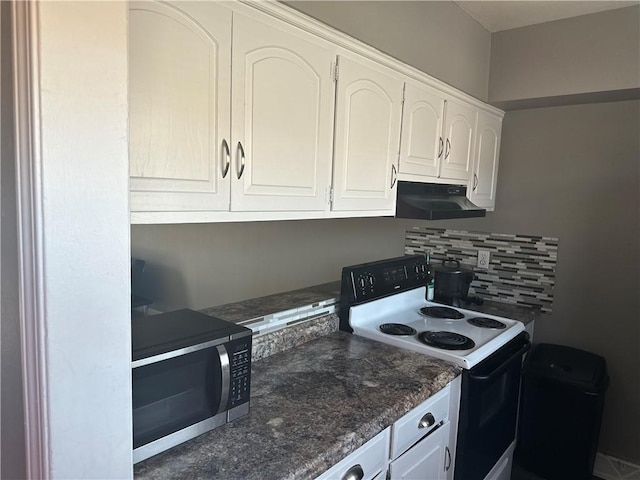 kitchen featuring decorative backsplash, white electric range, and white cabinetry