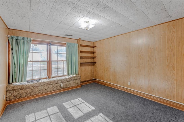 carpeted spare room with wooden walls