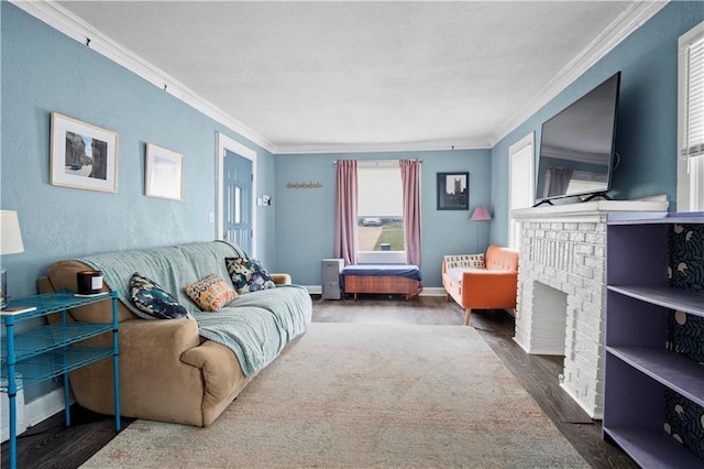 living room with dark wood-type flooring, ornamental molding, and a brick fireplace