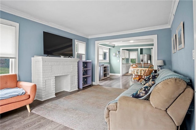 living room with crown molding, hardwood / wood-style floors, and a fireplace