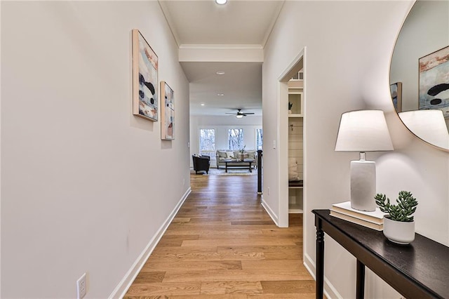 hall with ornamental molding and light hardwood / wood-style flooring