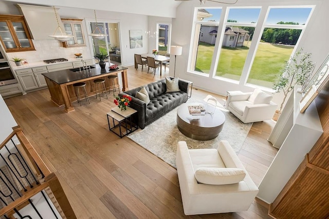 living room featuring sink and light wood-type flooring