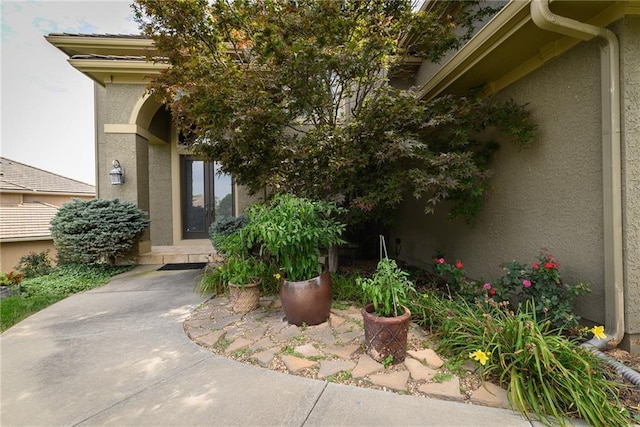 property entrance with stucco siding