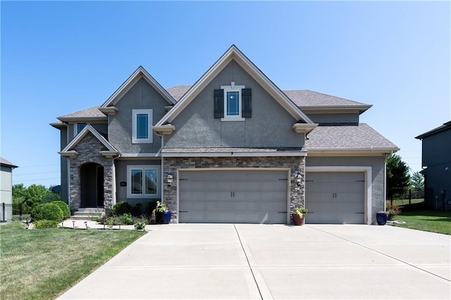9614 NE 97th St, Kansas City, MO 64157 - craftsman inspired home featuring concrete driveway, a front lawn, stone siding, and stucco siding