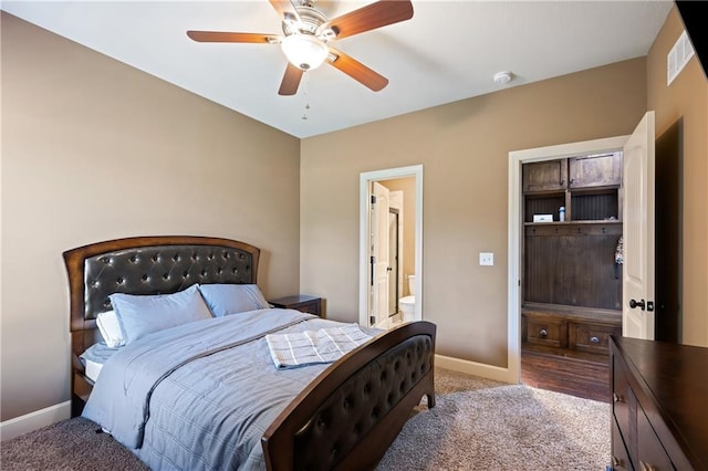 bedroom with ceiling fan and carpet flooring