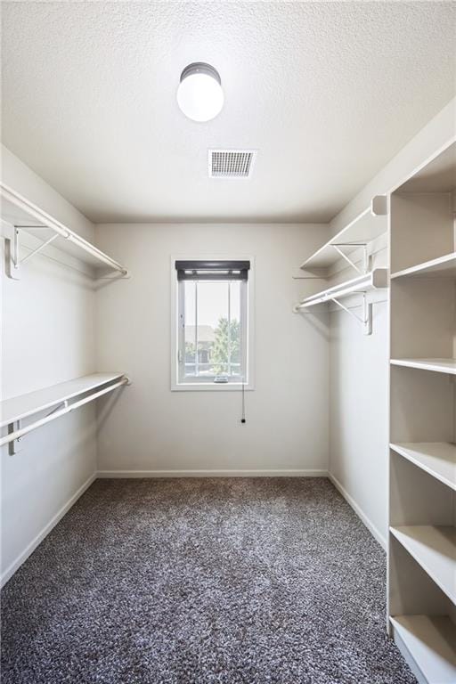 walk in closet featuring dark carpet