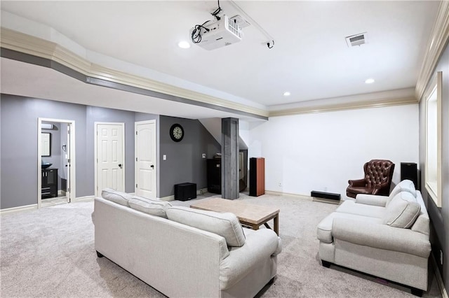 living room featuring crown molding and light carpet