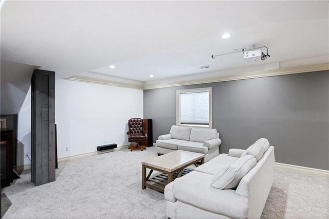 living room featuring light carpet and crown molding