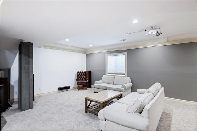 9614 NE 97th St, Kansas City, MO 64157 - carpeted living room featuring crown molding, visible vents, baseboards, and recessed lighting