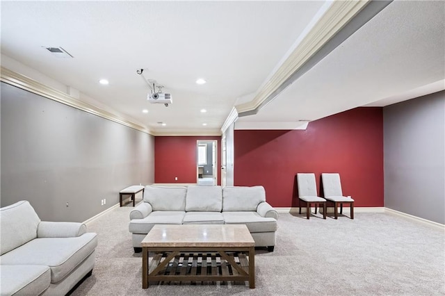 carpeted living room with ornamental molding